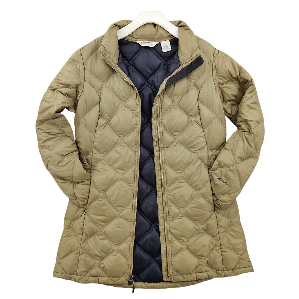 Eddie Bauer Womens Gorpcore Quilted Down Puffer Jacket L Tan Green 700 Fill Coat